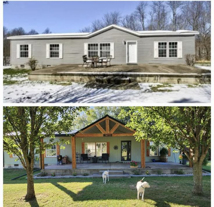 before and after photos of a ranch house