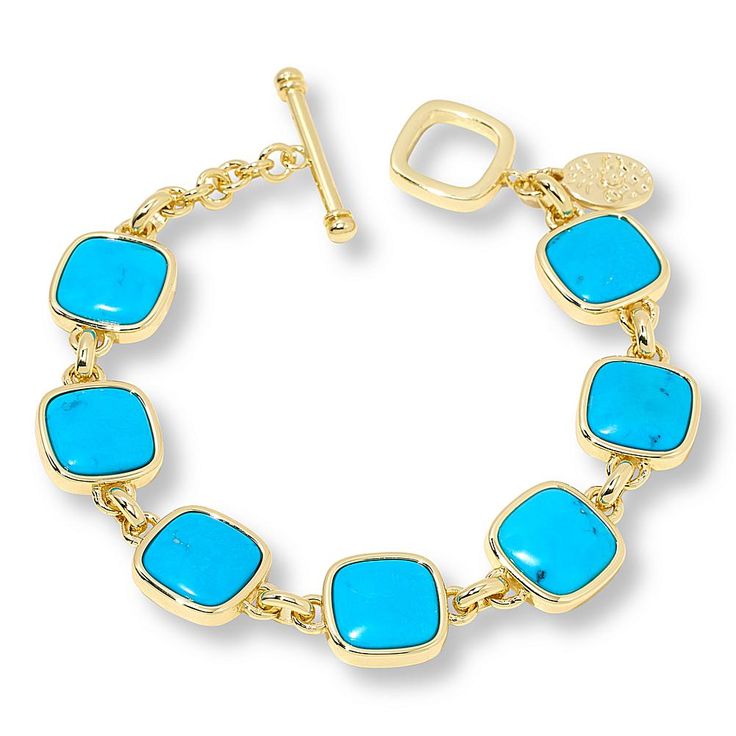 Connie Craig Carroll Jewelry Paige Cushion Gemstone Bracelet Bold and vibrant gems, clean and modern bezel settings, and a simple, easy-to-wear design—sounds like just what you want in a favorite everyday bracelet, right?        Small/Medium approx. 7"L     Medium/Large approx. 7-1/2"L      Approx. 9/16"W     Goldtone; polished finish     Toggle clasp    Stone Information       All sizes and weights approximate     Stabilized Rose Quartz: Faceted cushion-cut (12x12mm)     Stabilized, Color-Enhan Modern Blue Gemstone Bracelets, Modern Gemstone Accented Bracelet, Modern Gemstone Accents Bracelet, Elegant Turquoise Jewelry With Jewels, Modern Blue Gemstone Bracelet, Modern Blue Jewelry With Gemstone Accents, Elegant Turquoise Bracelet Jewelry, Modern Turquoise Jewelry For Everyday, Modern Blue Gemstone Jewelry