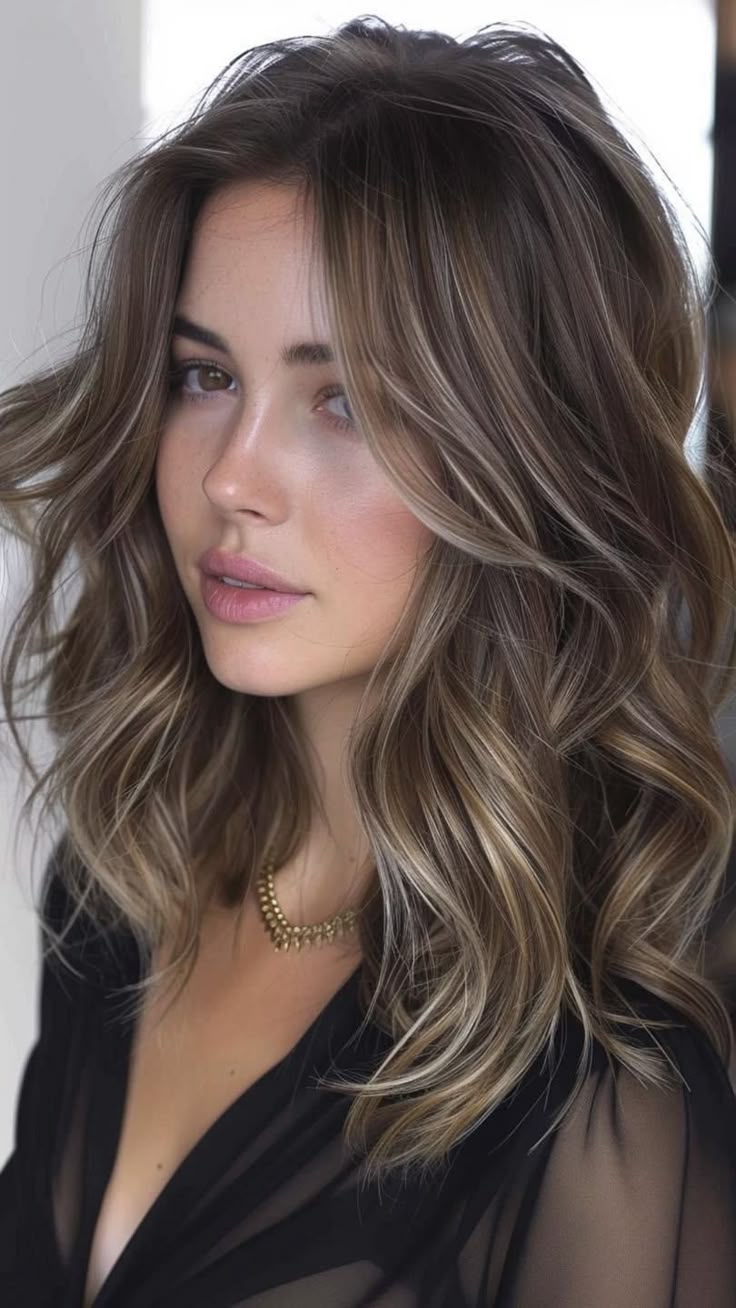 Subtle Highlights In Brown Hair, Streaking Hair Highlights, Light Brown Hair With Silver Highlights, Brown With Silver Highlights, Brown Hair With White Highlights, Silver Highlights On Brown Hair, Streaks Hair Color, Brown Hair With Balayage, Streaks In Hair