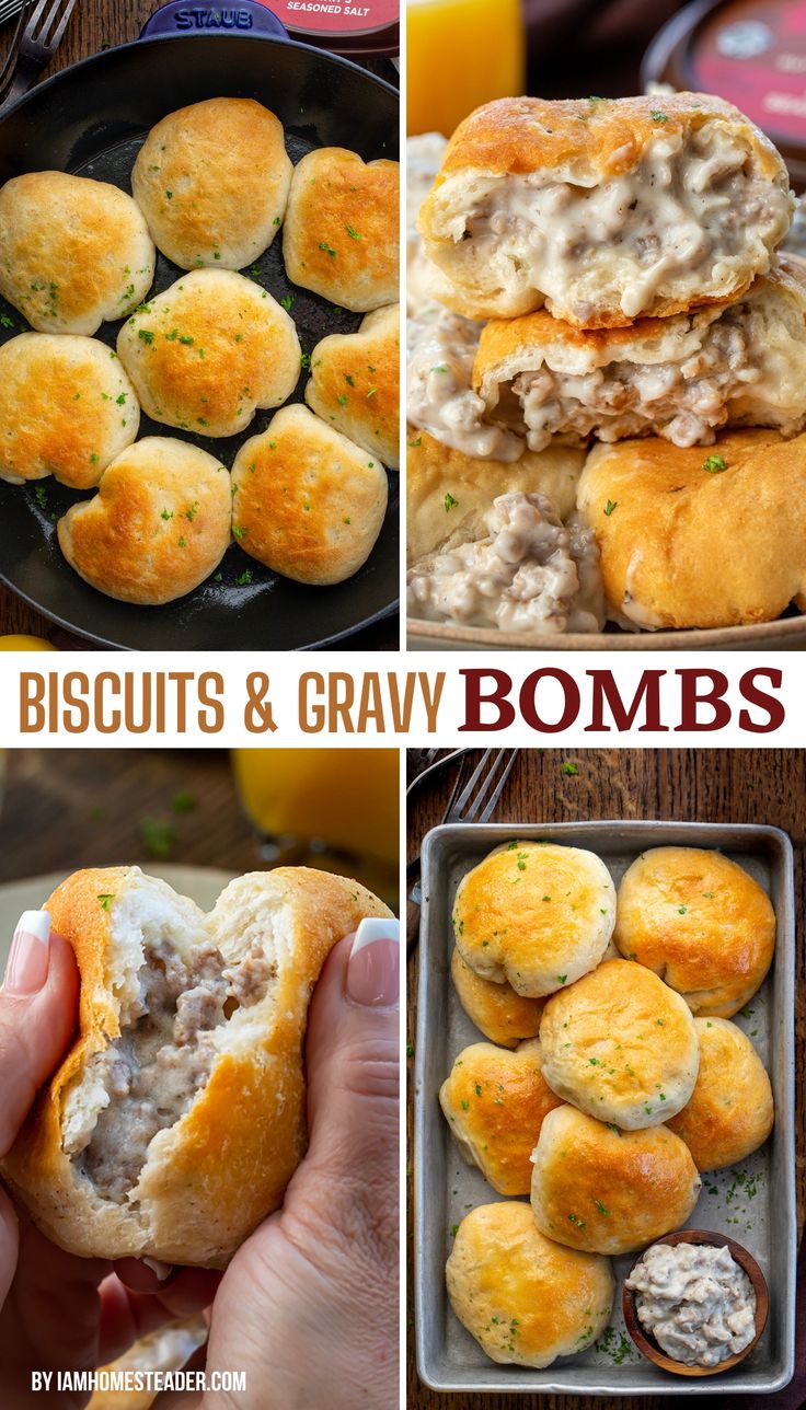 Four images of biscuits and gravy bombs, one with the biscuit bombs in a skillet, one with the inside visible, one of a biscuit being pulled apart, and one with some biscuits on a tray. Biscuits And Gravy Burrito, Seasoned Biscuits, Stuffed Biscuits Breakfast, Yummy Breakfast Ideas Easy, Cool Breakfast Ideas, Breakfast Biscuits And Gravy, Easy Kids Breakfast Ideas, Sausage Gravy Stuffed Biscuits, On The Go Breakfast Ideas