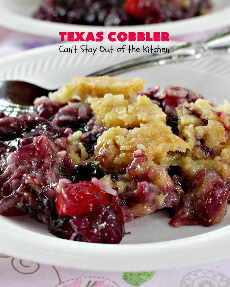 there is a white plate with some food on it and the words, texas cobbler can't stay out of the kitchen