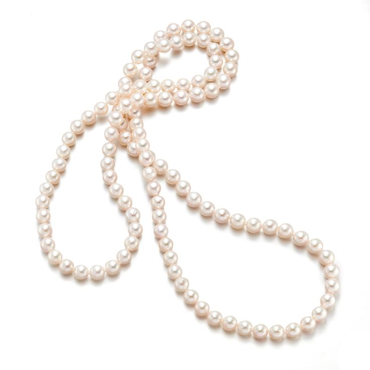 Gump's Signature 7.5mm Baroque White Akoya Rope Necklace Elegant Necklace With 108 Beads For Gift, Elegant Akoya Pearl Beaded Necklace, Elegant Round Jewelry With 108 Beads, Formal Baroque Pearl Necklace With Round Beads, Elegant Lariat Necklaces Hand Knotted, Elegant Hand-knotted Lariat Necklaces, Formal Long Single Strand Pearl Necklace, Formal Necklace With Baroque Pearl Round Beads, Classic Long Pearl Necklace With Pendant