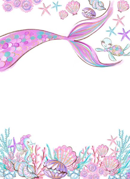 a drawing of a pink mermaid tail with sea shells and starfishs on it