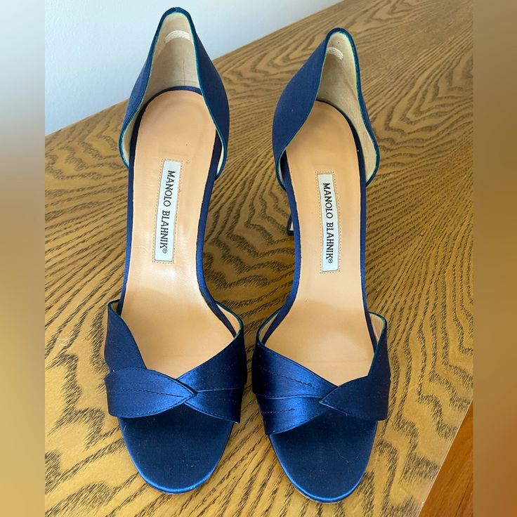 Never Worn Beautiful Blue Satin Manolo Blahnik D’orsay Heels With Open Toe. Bought These To Wear For My Wedding But Ended Up Going With Another Pair. Evening Wedding Shoes With Wrapped Heel, Fitted Wedding Shoes With Sculpted Heel For Evening, Formal Wedding Shoes With Padded Heel, Fitted Wedding Shoes With Heel Strap For Cocktail, Formal Fitted Wedding Shoes With Padded Heel, Blue Fitted Heels For Gala, Blue Open Heel Wedding Shoes For Evening, Elegant Blue Peep Toe Heels, Elegant Blue Open Heel Heels