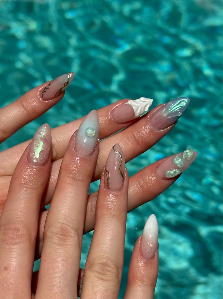 Mermaid Vibe Nails, Ocean Aesthetic Nails, 3d Beach Nails, Short Mermaid Nails, Mermaid Nails Short, Green Mermaid Nails, Mermaid Nails Acrylic, Tulum Nails, Water Inspired Nails