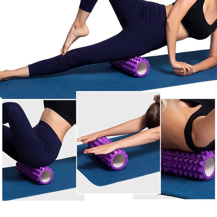 the woman is doing yoga exercises on her purple exercise mat and has one leg in the air