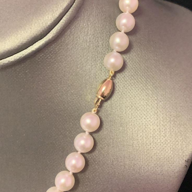 Fine Quality Akoya Pearl Necklace 14k YG 8 mm 16" Certified $3,950 111844This is a one of a Kind Unique Custom Made Glamorous Piece of Jewelry!Nothing says, “I Love you” more than Diamonds and Pearls!This item has been Certified, Inspected, and Appraised by Gemological Appraisal LaboratoryGemological Appraisal Laboratory of America is a proud member of:- GIA Alumni Association- National Association of Jewelry Appraisers- International Consortium Gem-Testing Laboratories- Gemological Association Classic Single Strand Pearl Necklace In 14k Gold, Formal Necklaces With Round High Luster Beads, Yellow Gold Single Strand Round Necklace, Yellow Gold Single Strand Necklace, Classic 14k Gold Pearl Necklace, Classic 14k Gold Necklaces, Formal High Luster Round Bead Necklaces, Formal High Luster Round Beaded Necklaces, Timeless Yellow Gold Necklace With Gold Clasp