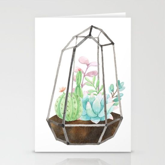 a card with a watercolor painting of succulents in a terrarium