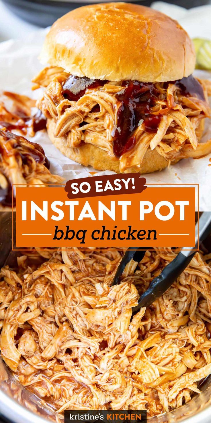 an instant pot bbq chicken sandwich on a plate with the words, so easy instant pot bbq chicken