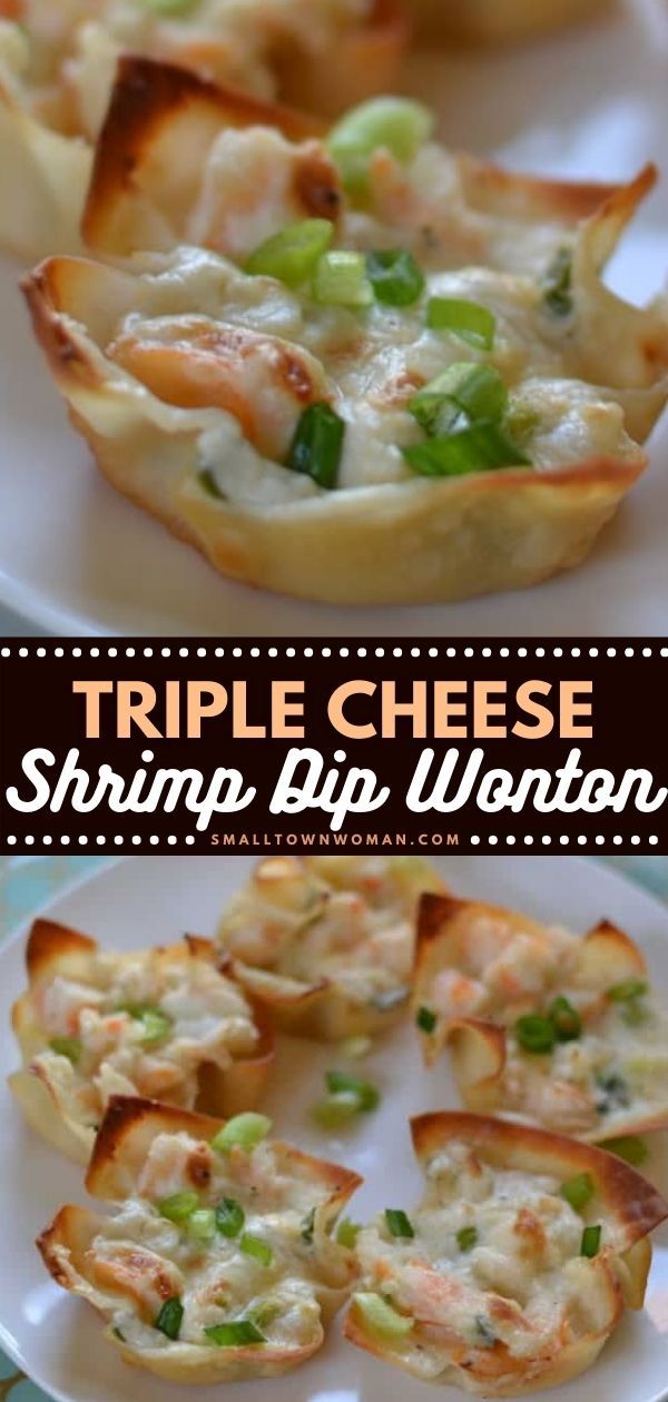 TRIPLE CHEESE SHRIMP DIP WONTONS Shrimp Cream Cheese Eggrolls, Canned Shrimp Recipes, Shrimp Charcuterie Board, Shrimp Cream Cheese, Wonton Bites, Wonton Appetizer Recipes, Quick Party Appetizers, Wrapper Recipes, Memorial Day Food