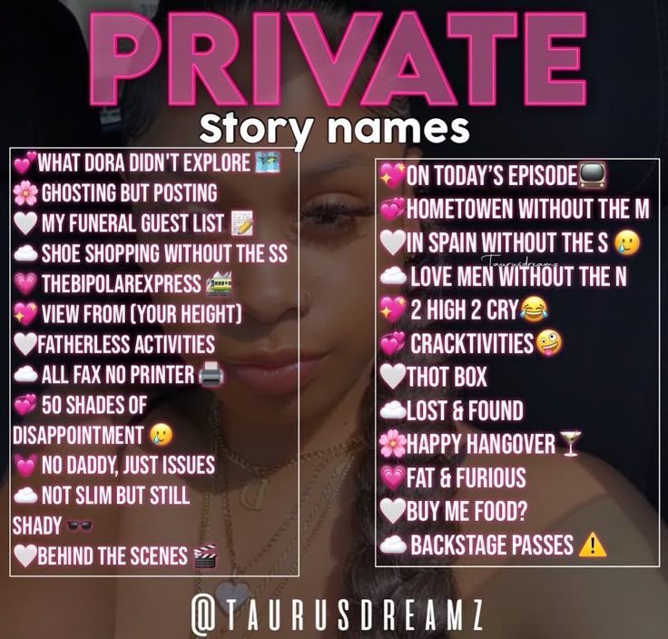 a poster with the words private story names in pink and black on it's side