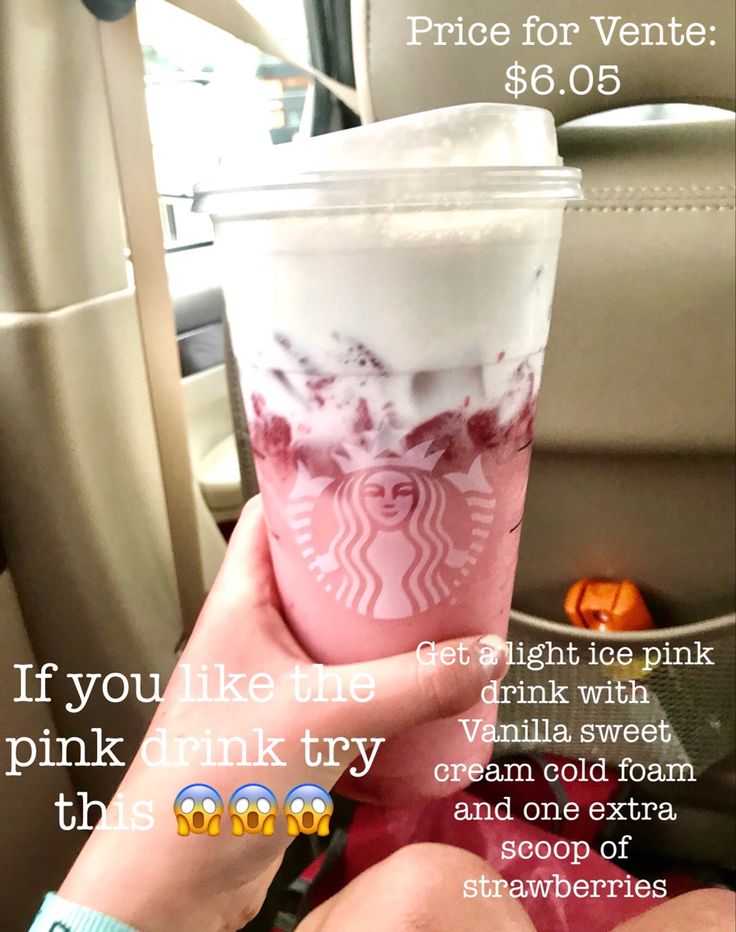 someone holding up a pink drink in their hand with information about the drink and price