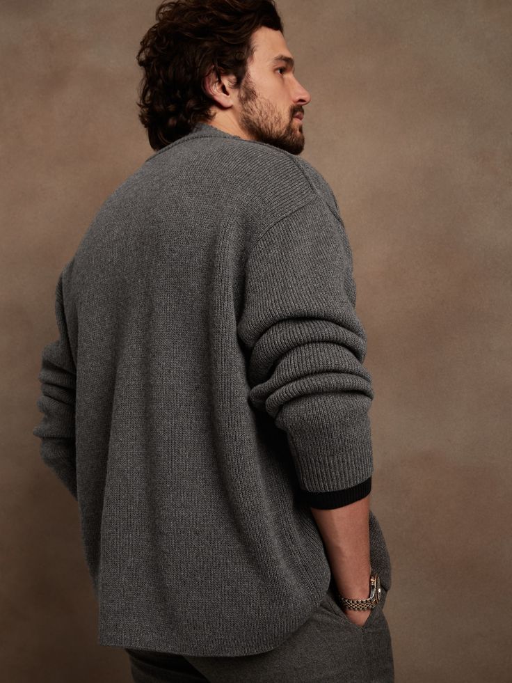 Made from a blend of extra fine Merino wool, this soft and warm cardigan is knitted in a subtly textured half-Milano stitch, which adds soft structure for refined appeal.  OVERSIZED FIT: Relaxed, boxy fit with a dropped shoulder.  Standard fit.  Long Warm Cardigan, Charcoal Gray, Charcoal Grey, Oversized Fits, Merino Wool, Sweater Cardigan, Banana Republic, Men Sweater, Wool