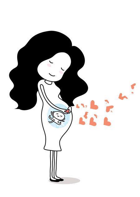 a drawing of a pregnant woman holding a baby in her arms with hearts flying around