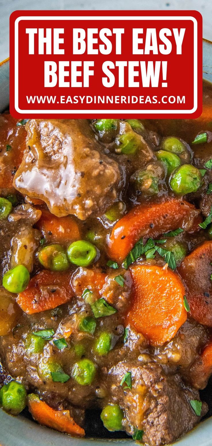 beef stew with carrots and peas in a bowl