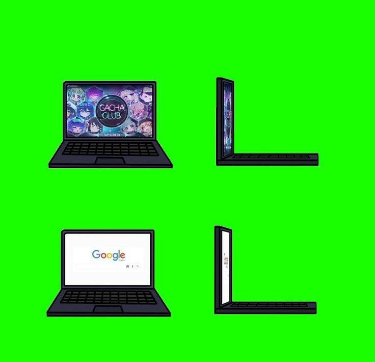 four open laptops sitting on top of each other in front of a green screen