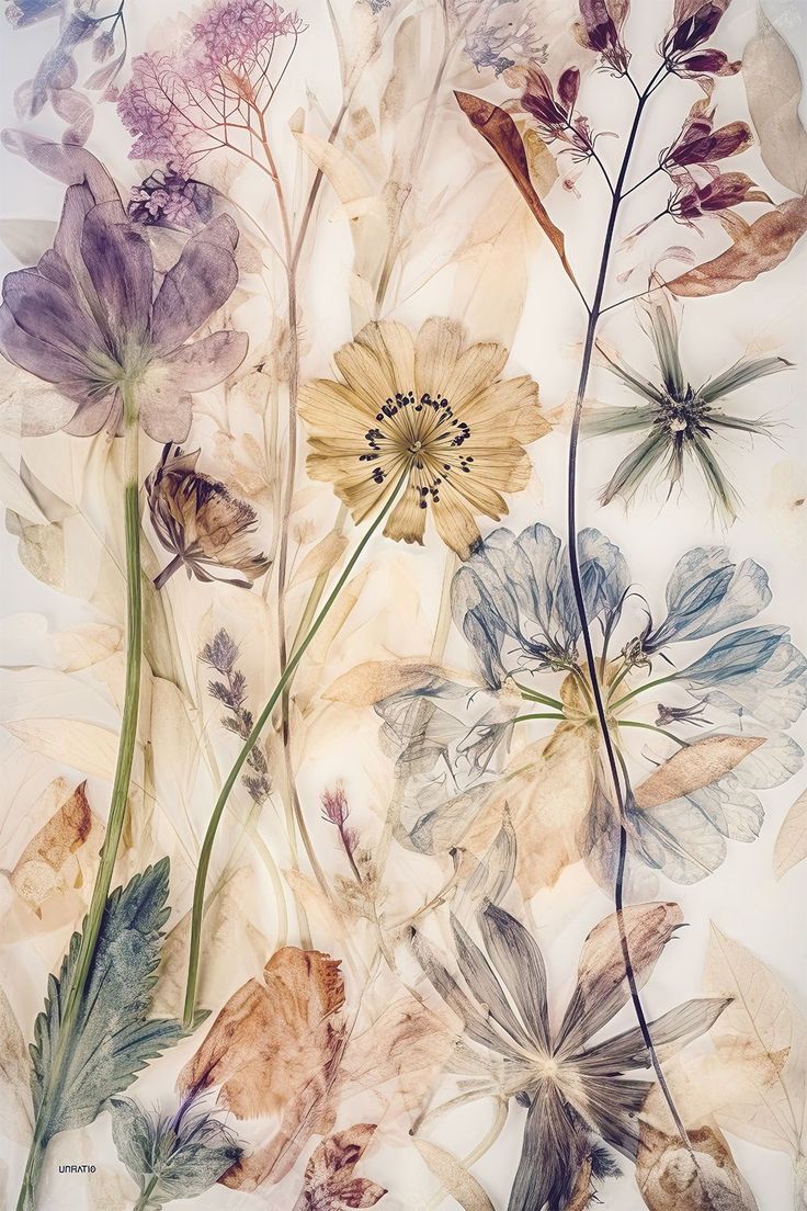 an image of flowers that are in the air with watercolors on paper behind them