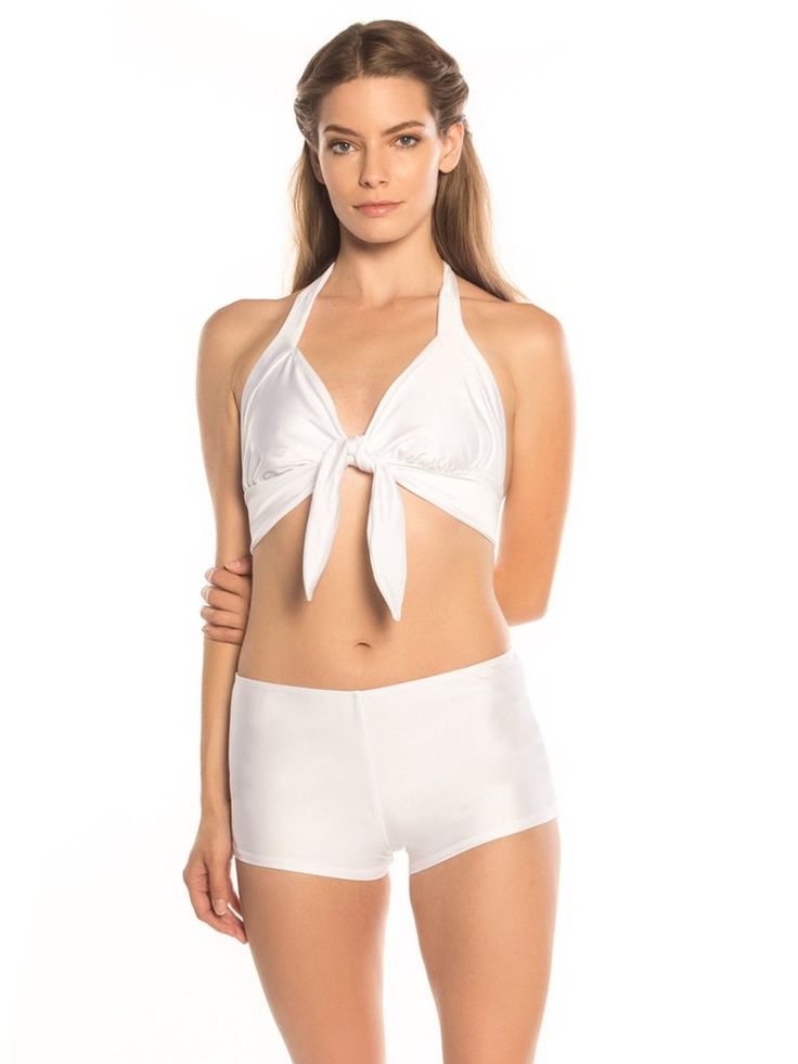 Retro Halter Top Adjustable Halter Top With Built-in Bra For Summer, White Halter Neck Swimwear With Tie Back, Summer Sleeveless Halter Top With Bow Tie Back, Sleeveless Summer Halter Top With Bow Tie Back, Summer Halter Top With Built-in Bra And Adjustable Fit, Fitted Tie-side Shorts For Summer, White Halter Top With Tie Back For Beachwear, White Adjustable Halter Neck Swimwear, White Adjustable Tie Back Swimwear