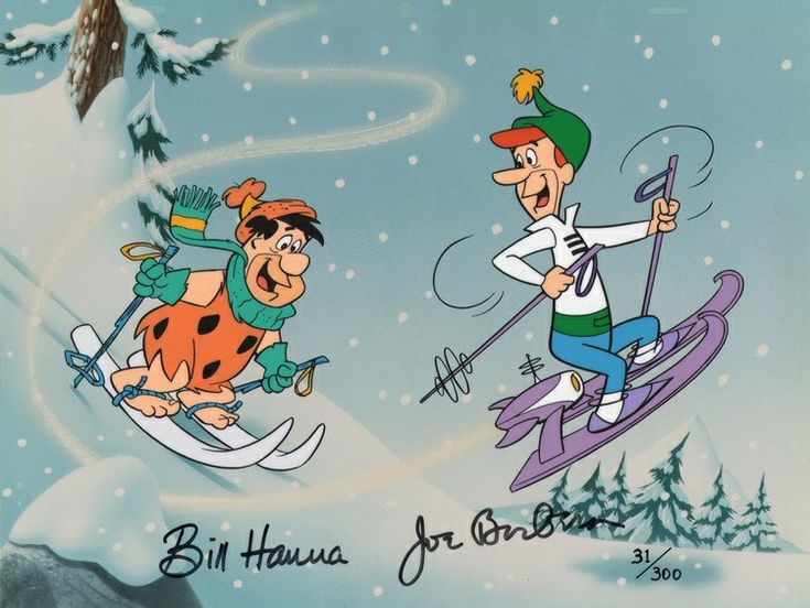 two cartoon characters are skiing in the snow