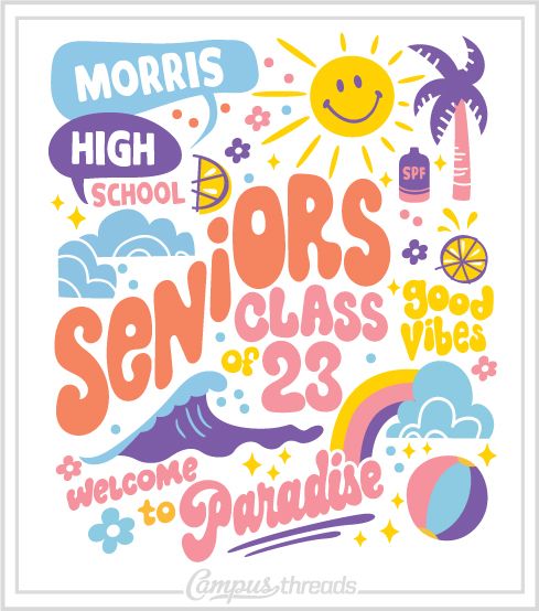 the words seniors and welcome to paradise are shown in this colorful poster with palm trees, clouds