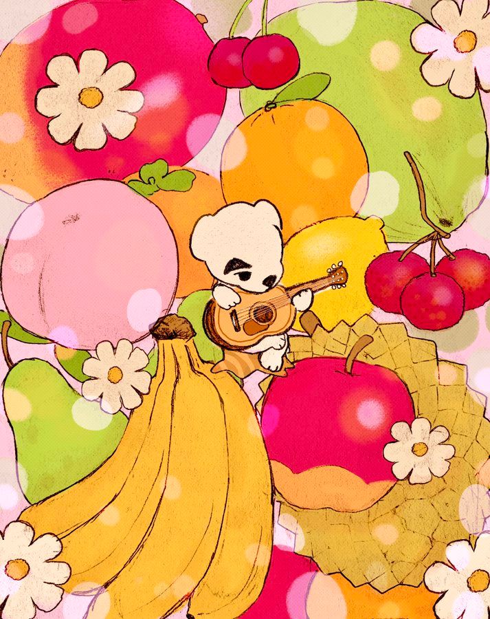 an image of a cartoon character with fruit and flowers