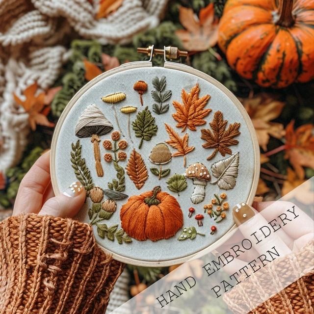 someone holding up a hand embroidery pattern in front of some fall leaves and acorns