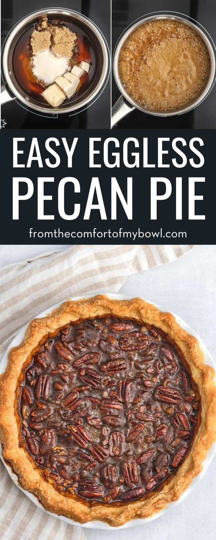 an eggless pecan pie is shown in this collage