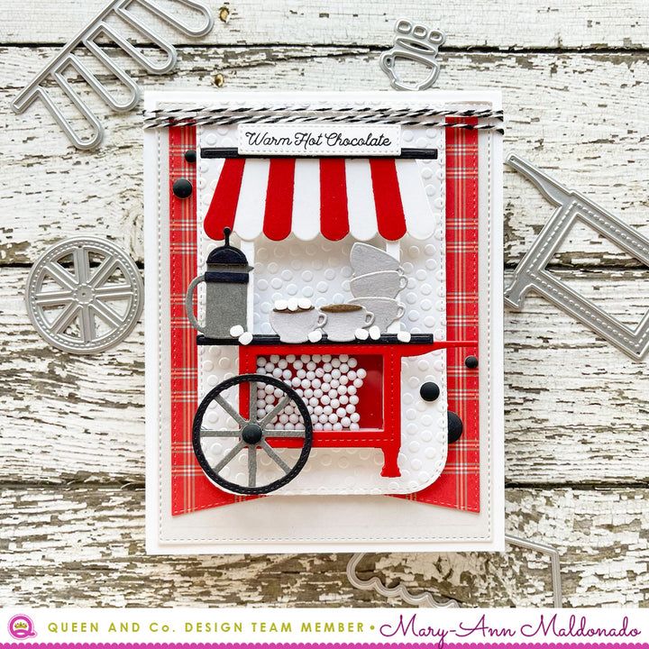 a card with an image of a red and white cart