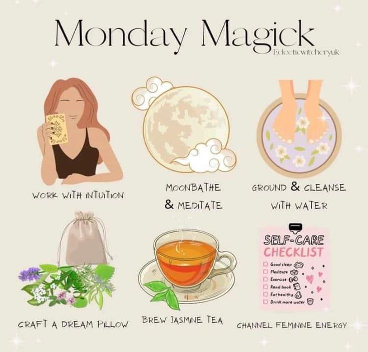 Monday Witchcraft, Witchy Daily Rituals, Witchy Night Routine, Monday Witch, Monday Magick, Witchcraft Weekdays, Witchy Self Care Routine, Monday Magic, Witchcraft 101