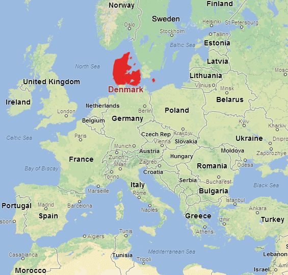 a map showing the location of denmark and its major cities in red, as well as other countries