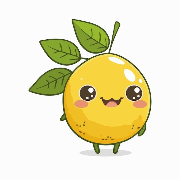 a cartoon lemon with big eyes and green leaves