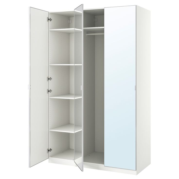 an open white cabinet with shelves on both sides