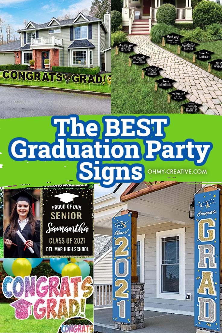 the best graduation party signs are displayed in front of a house with balloons and decorations