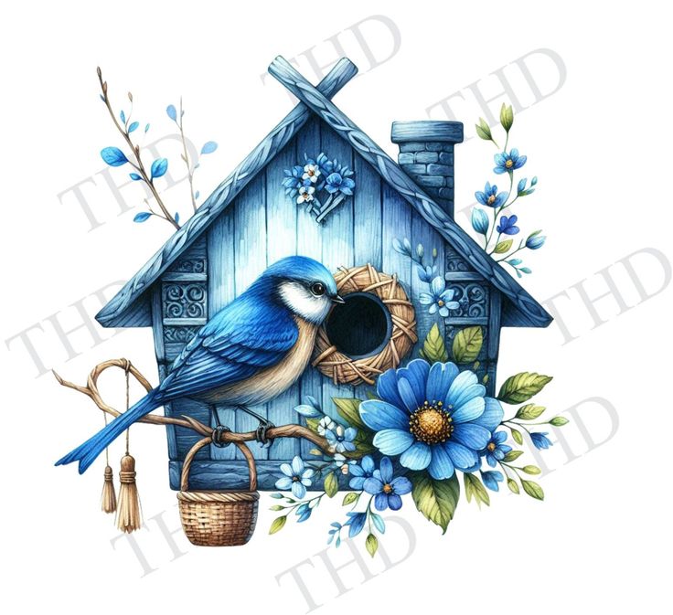 a blue bird sitting on top of a wooden house with flowers and leaves around it