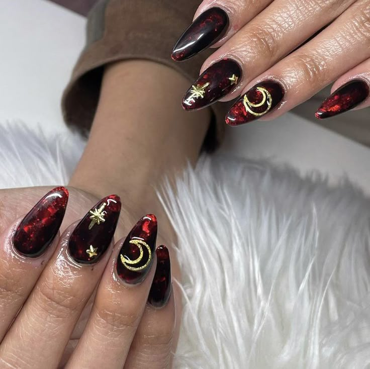 Witchy Red Nails, Witchy Nails Aesthetic, Goth Nails Almond Shape, Simple Gothic Nail Designs, Witchy Bridal Hair, Whimsical Goth Nails, Red Witch Nails, Red Moon Nails, Red Witchy Nails