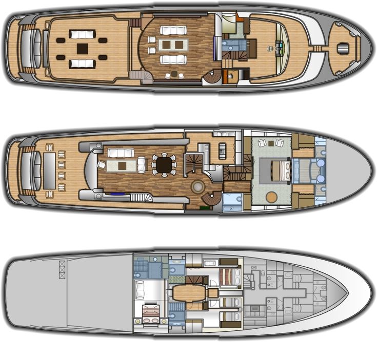 the layout of a boat with two decks and one deck on each side, in three different positions