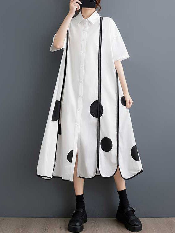 Sku CY-!163300 Material < 30% Polyester , >70%Cotton Style Loose , A-line , Half Sleeves Feature Pockets , Buttoned , Polka-dot , Split-front , Split-joint Neckline Lapel Occasion Vintage , Leisure Fashion Seasons Spring , Summer Type Midi Dresses , Shirt Dress Color BLACK,WHITE Size One_size Please consult the size chart we provide for this item's measurements to help you decide which size to buy.Please note: There may be 1-3cm differ due to manual measurement.CMINCH Bust Shoulder Sleeve Length Casual White Half Sleeve Shirt Dress, Black Collared Dress With Relaxed Fit, Black Relaxed Fit Collared Dress, Black Relaxed Fit Shirt Dress For Spring, Black Shirt Dress With Buttons In Relaxed Fit, White Half Sleeve Shirt Dress For Spring, Casual Patchwork Shirt Dress For Spring, Black Cotton Shirt Dress For Spring, Black Cotton Shirt Dress For Summer