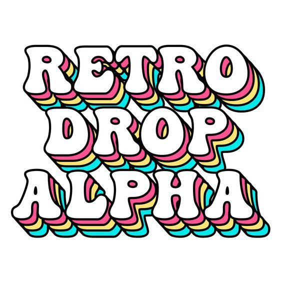 the word retro drop alphabet in multicolors on a white background with black and blue lettering