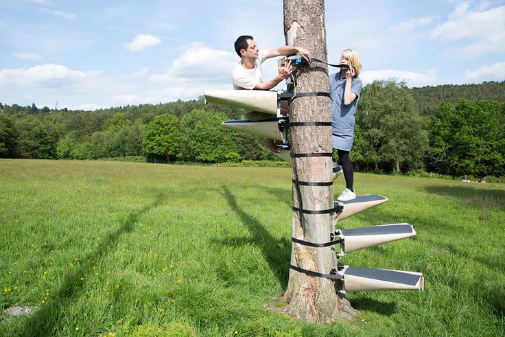 a man and woman climbing up a tree with surfboards