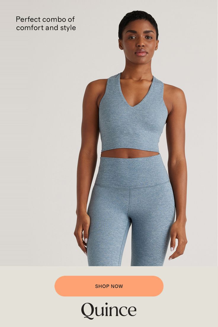 Meet the V-Neck Cropped Tank. Ultra-soft and supportive for your low-impact workouts, yoga, or a casual, athletic look. The perfect combo of sports bra function and tank style, made from our ultra-soft heathered fabric. Pair it with our leggings or joggers for the ideal performance or athleisure set, and throw the Flowknit hoodie over the top to stay cozy.  | Quince | Women's Ultra-Soft V-Neck Cropped Tank Top in Heather Sky Blue, Size Large, Recycled Polyester Summer Pilates, Workouts Yoga, Pilates Princess, Athletic Looks, Performance Leggings, Casual Athletic, Low Impact Workout, Soft Summer, Workout Outfit