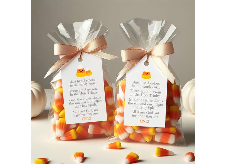 two bags filled with candy corn sitting next to each other