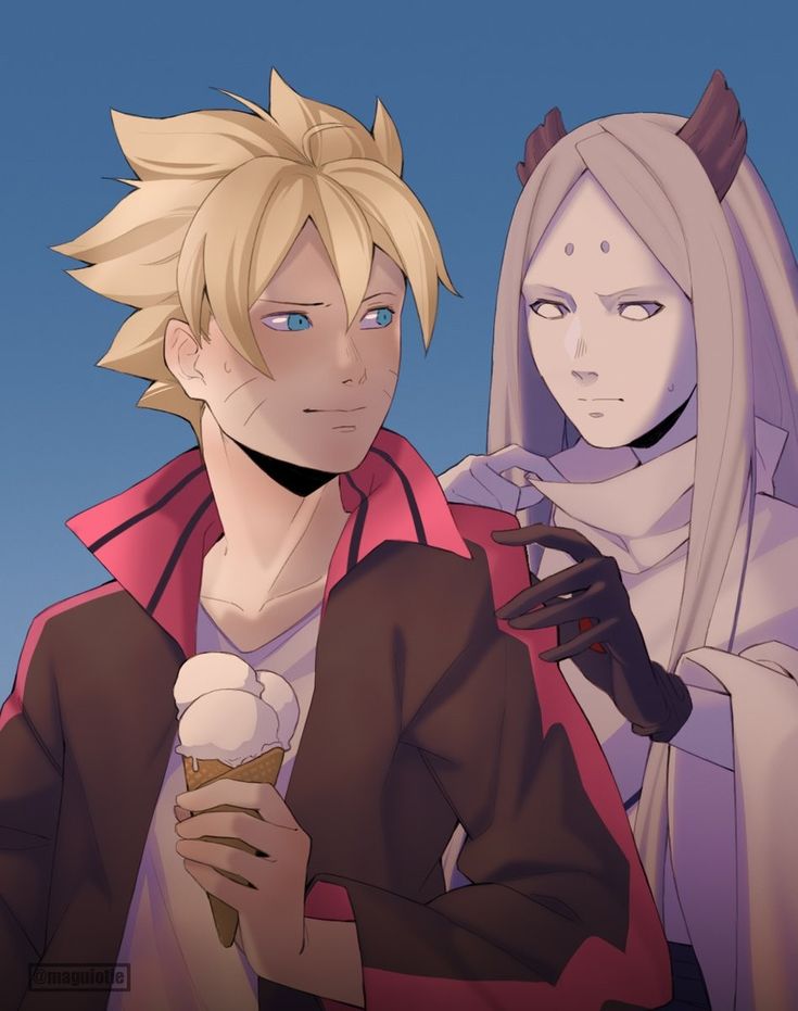 two anime characters standing next to each other with ice cream in their hands and looking at the camera