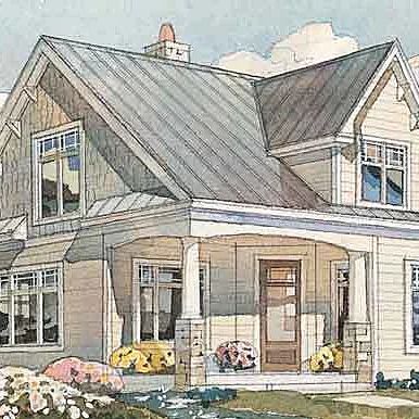 this is an artist's rendering of the front elevation of these country house plans