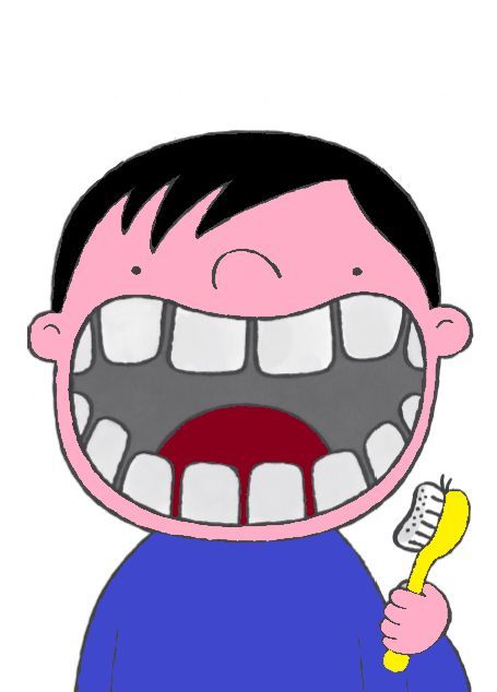 a cartoon character holding a toothbrush with its mouth wide open and it's teeth showing