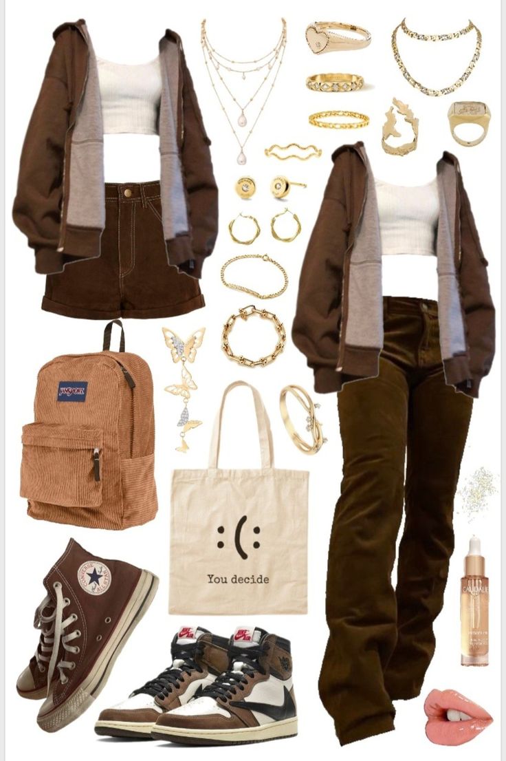 Brown Cargo Jeans Outfit Aesthetic, Brown And Grey Outfit Aesthetic, Earth Colors Outfit Aesthetic, Brown Chords Outfit, Cozy Brown Outfit, Brown Acedamia Outfits, Brown School Outfit, Brown Themed Outfit, Brown Asthetics Outfit