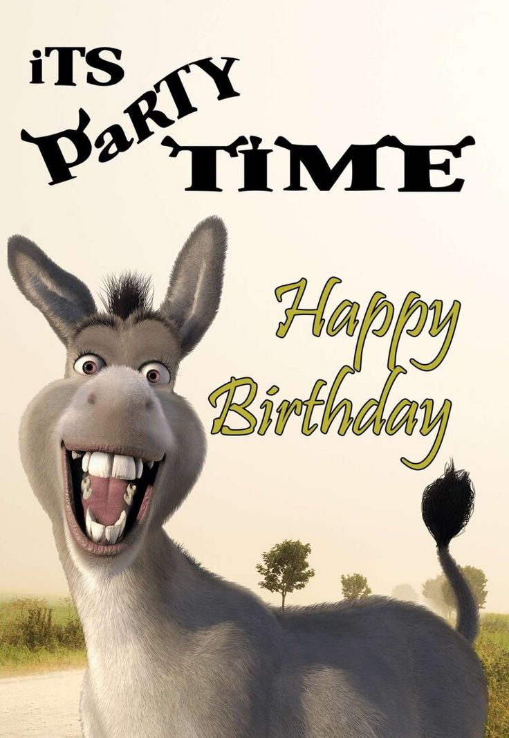 an animated donkey with its mouth open and the words it's party time happy birthday