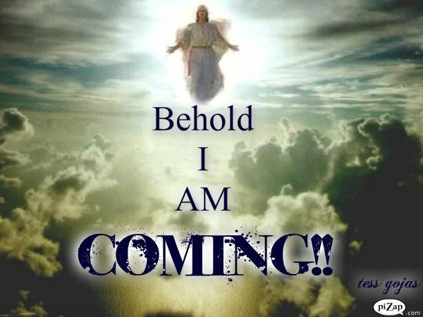 the words behold i am coming are above an image of jesus in the sky with clouds