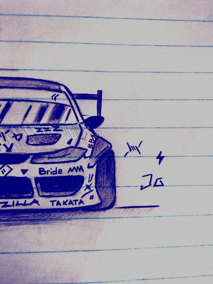 a drawing of a racing car on lined paper