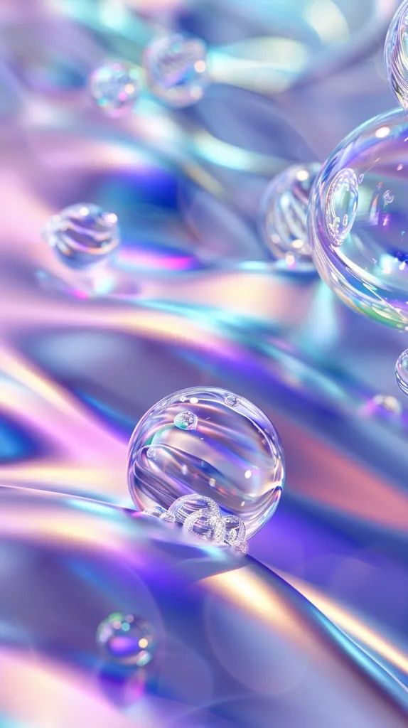 several bubbles floating on top of each other in blue, purple and pink colors with water droplets