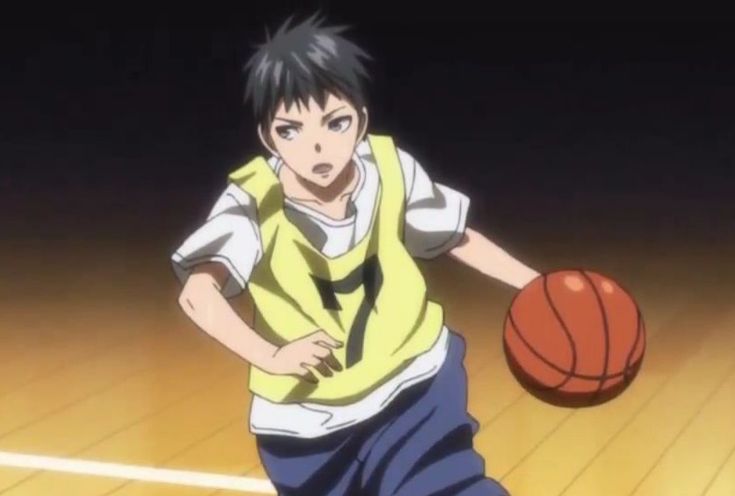 an anime character holding a basketball on a court